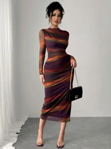 Chiquease 女士优雅渐变色褶饰网眼长袖紧身连衣裙 - 中紫紅色 - 查看 5