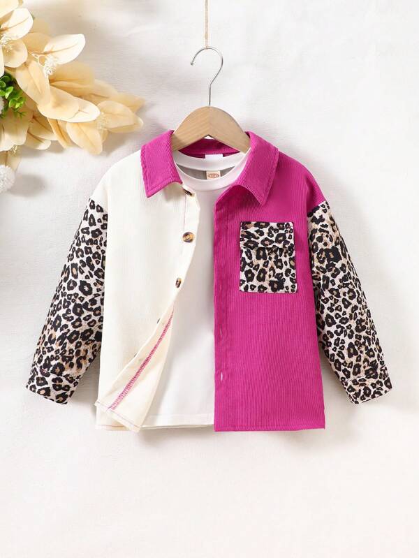 Ropa de otoño nueva para niña: Camisa de manga larga con estampado de leopardo en contraste de color, conjunto de ropa estiloso con estampado de leopardo para niños