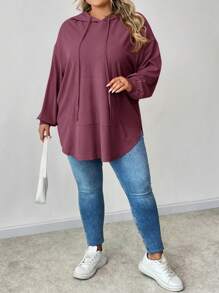 SHEIN CURVE+ 大码纯色连帽抽绳不对称下摆运动衫 - 紫色 - 查看 6