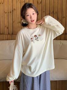 FRIFUL Women's Round Neck Long Sleeve Floral Embroidered Print T-Shirt, Autumn