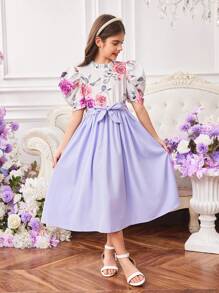 Tween Girl Elegant Floral Palace Style Bishop Sleeve Ruffle Collar Belted Wide Hem Princess Dress - Mauve Purple - View 1