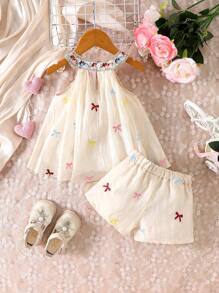 SHEIN 2 Stücke/Set Baby Mädchen Frühling & Sommer Lässig Stil Schleife Stickerei ärmelloses Top & kurze Hose