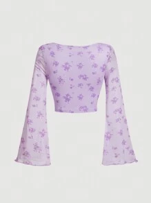 SHEIN MOD Women's Casual Floral Print Flare Sleeve Vintage T-Shirt,Winter,Renaissance,Long Sleeve Women Tops,Hippie Women,Christmas Women,Holiday Top,Vintage