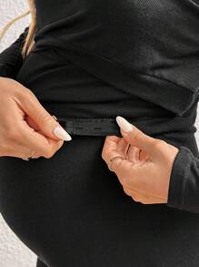 SHEIN 1 Set Crew Neck Long Sleeve Knit T-Shirt And Adjustable Waist Straight Leg Pants, Women Casual Loose Nursing Suit, Autumn - Black - View 4