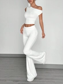 Muchica 2pcs/Set Women White Knit Open Shoulder Solid Color Top And Pants - White - View 6
