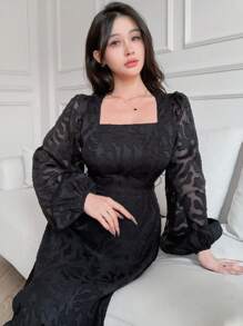 Feyla Đầm nữ cổ vuông dài tay đơn giản thanh lịch có họa tiết đồ họa - màu đen - Xem 5