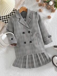 SHEIN Meisjes Koreaanse stijl blazer en geplooide rok pak, herfst