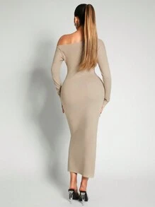 Zolique Vestido elegante de unicolor con hombros descubiertos, manga larga y ajustado para mujer - Albaricoque - Ver 2