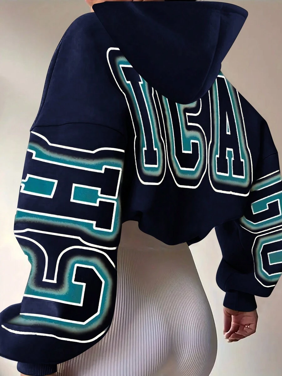 INAWLY Women's Letter Print Drop Shoulder Long Sleeve Hooded Casual Sweatshirt, Autumn/Winter - Royal Blue - View 1