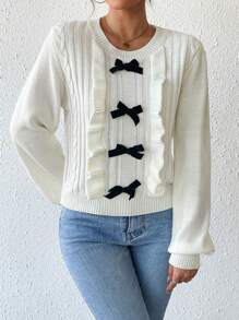 Chiquease Women's Autumn/Winter Bowknot Decorated Puff Splice Long Sleeve Sweater Knit Pullover Fall Sweater - White - View 1