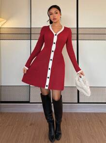 Chiquease Vestido de mujer de punto de manga larga con escote en V y ajuste elegante, con ribete de contraste en línea A, en color negro y blanco, para otoño/invierno