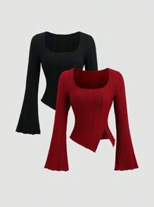 Sweetra Women Low-Cut Solid Color Cropped Knit Top, Soft Rib Knit Undershirt, Retro Style 2 Pieces Set, Suitable For Spring & Autumn - Multicolor - View 1