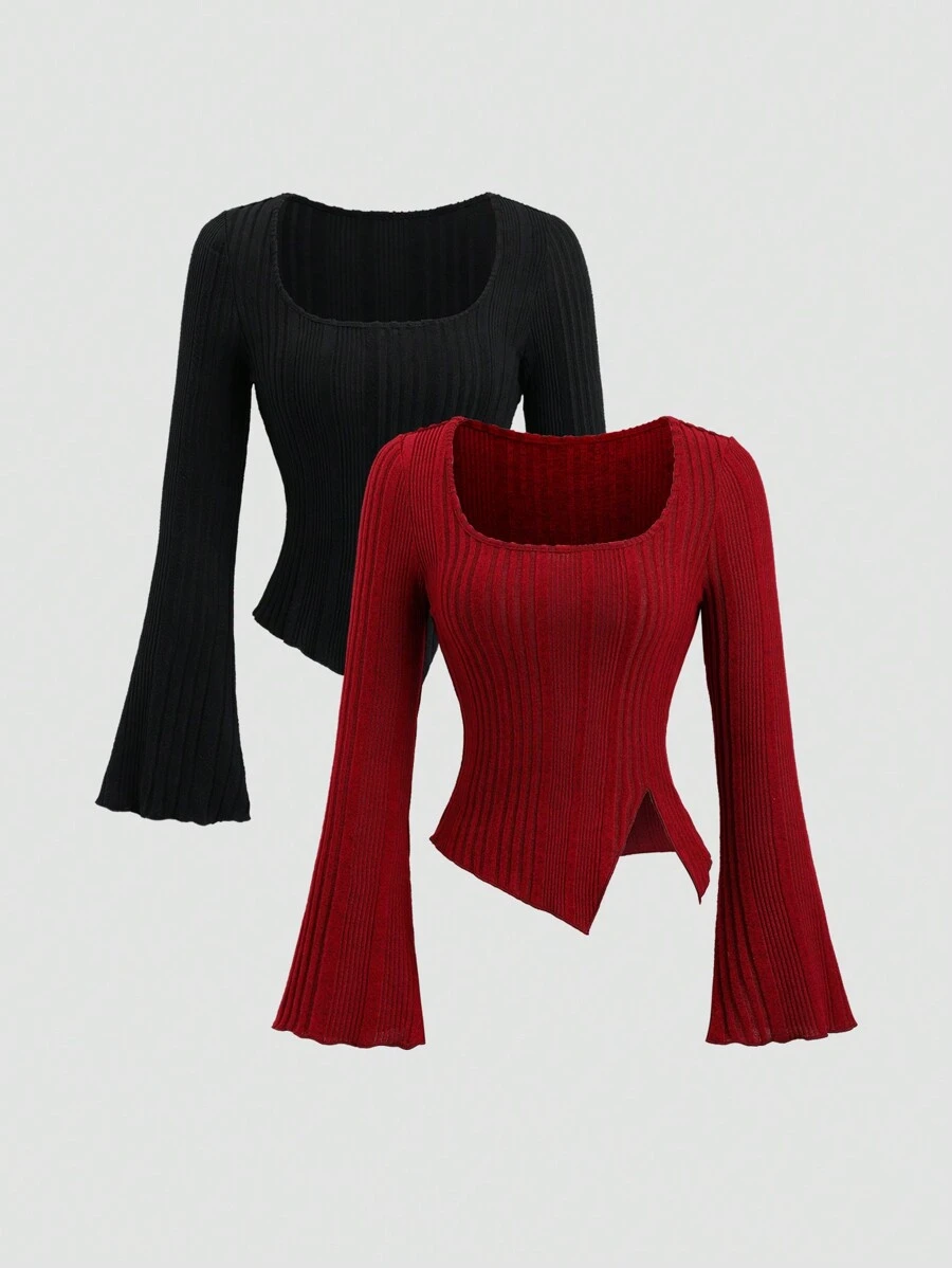 Sweetra Women Low-Cut Solid Color Cropped Knit Top, Soft Rib Knit Undershirt, Retro Style 2 Pieces Set, Suitable For Spring & Autumn - Multicolor - View 1