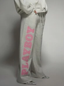 Missguided x Playboy Cozy Oversized Comfort Joggers Wide Leg Sweatpants Casual Loungewear Athletic Tracksuit Bottoms Winter Sports Activewear - Light Grey - View 3