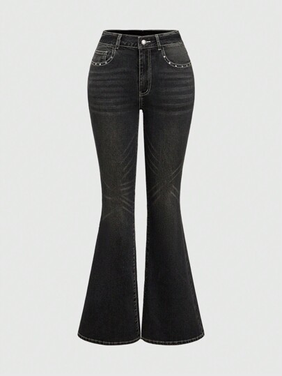 Y2K Style Pocket Embroidered Cross Rhinestone Black Skinny Fit Denim Jeans
