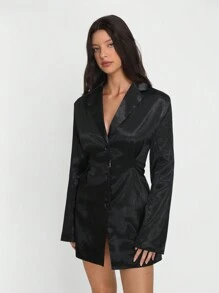 TRNVIE Solid Color Satin Textured Long A-Line Women's Suit Jacket