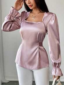 Chiquease Damen Bluse, elegant, glänzend, mit Bindeband, Schmetterling Rüschenärmeln, Langarm, Herbst/Winter - Pink - Übersicht 3