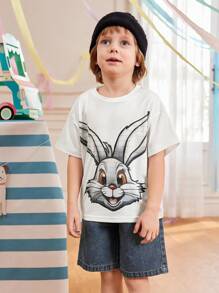SHEIN Set de 2 piezas de camiseta de manga corta con cuello redondo y estampado de conejo, y pantalones cortos para niños pequeños, ideal para actividades al aire libre, uso diario y sesiones de fotos, para primavera/verano