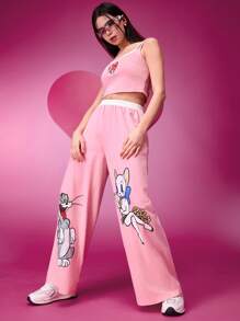 TOM & JERRY X SHEIN 女士休闲粉色可爱卡通趣味猫咪印花吊带二合一背心和裤子两件套，春夏舒适运动装 - 粉色 - 查看 3