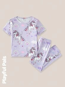 SHEIN Conjunto de pijama de 4 piezas para niñas, con camiseta de manga corta estampada con unicornio divertido y pantalones largos, ropa básica casual adorable/vintage/juguetona, adecuado para cualquier ocasión, primavera/verano, camiseta de manga corta y pantalones de ajuste ceñido, conjunto de pijama, Top y pantalones, se siente como la piel/suave como la mantequilla/ultra suave/ropa cómoda/suave sedoso, ropa de estar en casa holgada de manga corta