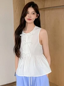 DAZY Blusa de mujer con cuello redondo, lazo y sin mangas, top de muñeca para salir