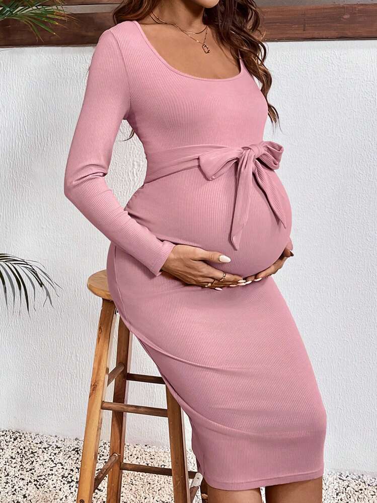 SHEIN Valentines Pink Dress, Long Sleeve Fitted Maternity Dress | SHEIN USA
