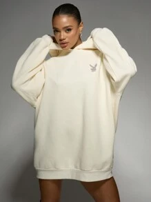 Missguided x Playboy Rhinestone Bunny Logo Hoodie Dress Oversized Streetwear Fall Winter Sweater With Crystal Embellishments Holiday Party Casual Loungewear - White - View 7