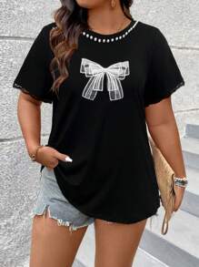 SHEIN LUNE Plus Size Women Casual Cute Beads Collar/Bow Print Graphic Black T-Shirt - Black - View 7