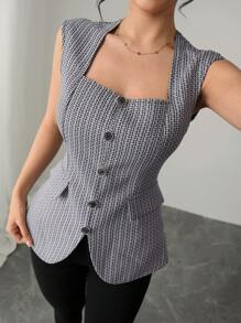 Chiquease Blusa elegante y versátil para mujeres con cuello cuadrado, sin mangas, ajustada a la cintura, de tweed