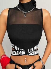 SHEIN Coolane 女士字母嵌花网眼拼接立领修身短款背心 - 黑色 - 查看 1