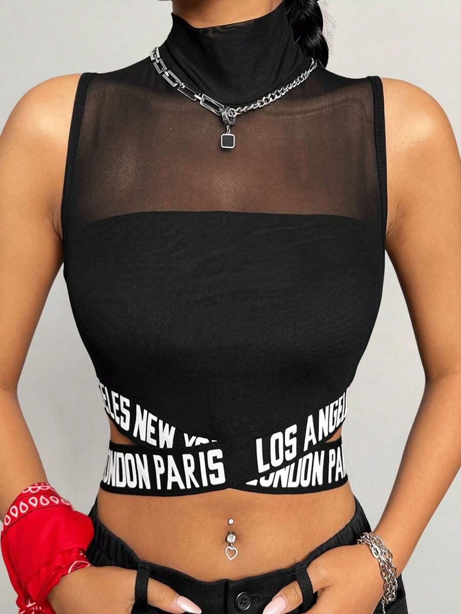 SHEIN Coolane 女士字母嵌花网眼拼接立领修身短款背心 - 黑色 - 查看 1