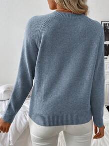 EMERY ROSE 1pc Women Plain Buttoned Decor Long Sleeve Basic Knit Sweater Knit Pullover Fall Winter Outfit - Dusty Blue - View 2