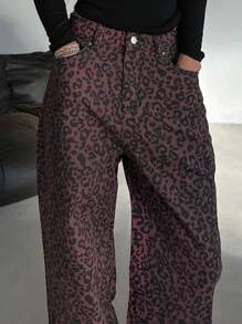 DAZY 春季女士宽松休闲豹纹牛仔裤猎豹印花 - 粉色 - 查看 6