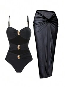 Swim Chiccia Beach Outfits For Woman: Black Metal Decor Sexy Hollow Camisole One Piece Swimsuit + Black Sheer High Slit Skirt For Summer Beach Vacation - Black - View 5