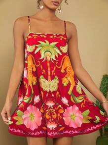 Travachic Summer Pattern Spaghetti Strap A-Line Dress For Women - Red - View 5