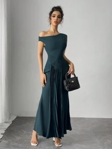 Modelyn Women's Solid Color Asymmetric Pleated Elegant Casual Dress - Green - View 4