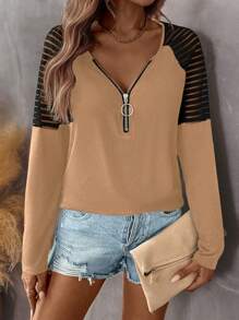 SHEIN LUNE Camiseta de punto casual con mangas raglán, cuello en V, cierre de cremallera expuesta y diseño de patchwork para mujer en otoño