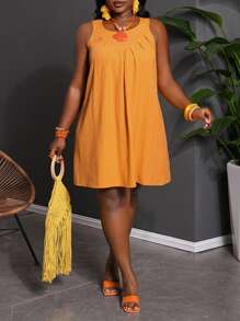 Slaydiva New 2025 Vacation & Casual & Minimalist & Solid Color Plus Size Women Textured Orange A-Line Loose Sleeveless Babydoll Dress Spring/Summer - Orange - View 9