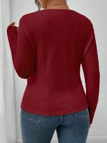 SHEIN Frenchy White V-Neck Lace Patchwork Long Sleeve T-Shirt, Suitable For Layering In Autumn/Winter - Red - View 2