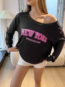 Miss Vinta Women's Letter Print Long Sleeve Casual Lounge Top - Black - View 3