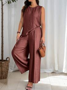 EMERY ROSE 大码女式纯色圆领吊带背心和阔腿裤两件套休闲套装