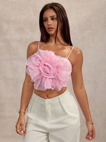 SHEIN BAE Solid Color Pink 3D Flower Decor Camisole For Women, Resort/Vacation Spaghetti Strap Top, Valentine's Day Floral Camisole, Pink Tank Top - Pink - View 5