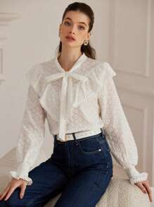 Aveloria Rosie Elegant Embroidery Floral Ruffle Cuff Drawstring Collar Bow Front Blouse For Women Fall Cloth For Women - White - View 1
