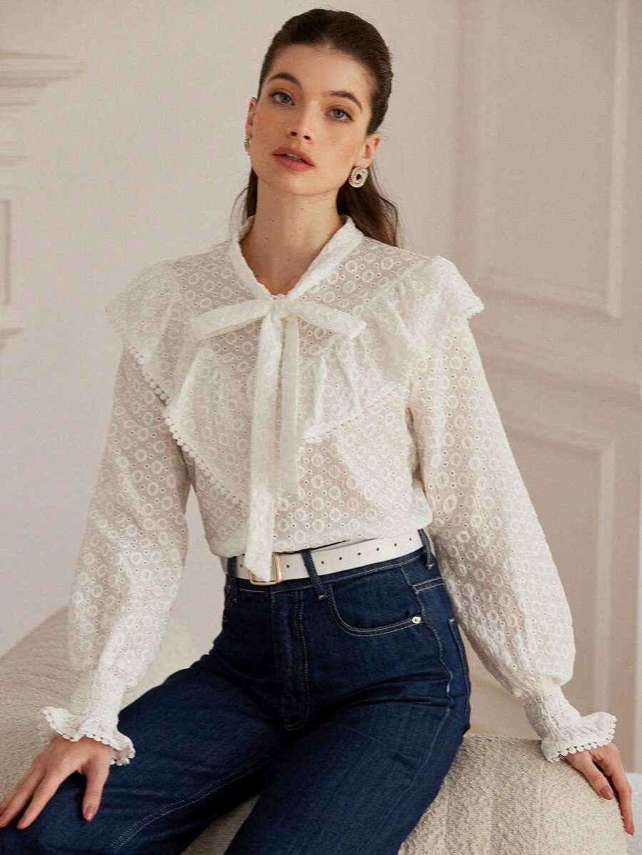 Aveloria Rosie Elegant Embroidery Floral Ruffle Cuff Drawstring Collar Bow Front Blouse For Women Fall Cloth For Women - White - View 1