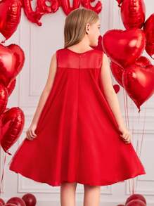 Tween Girl Red Fancy Bow Mesh Dress For Valentine's Day - Red - View 2