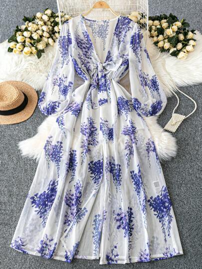 DreamSkyne 大码女式时尚紫色碎花雪纺长袖束腰连衣裙