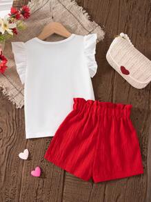 SHEIN 2 piezas Conjunto de verano para niña con diseño gráfico del Día de los Enamorados, camiseta de manga corta de cuello redondo y pantalones cortos rectos con cordón en la cintura, conjunto casual sencillo para uso diario