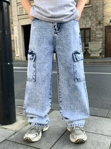 SHEIN 青少年男孩休闲时尚柔软舒适混合酷炫黑色底色简约工装口袋设计牛仔裤，适合日常穿着和返校男孩秋装 - 藍色 - 查看 3