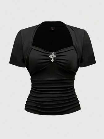 Goth Plus Size Women's Sexy Low-Cut Square Neck Casual Cross Pendant Decor Stretchy Short Sleeve T-Shirt Dress, Black