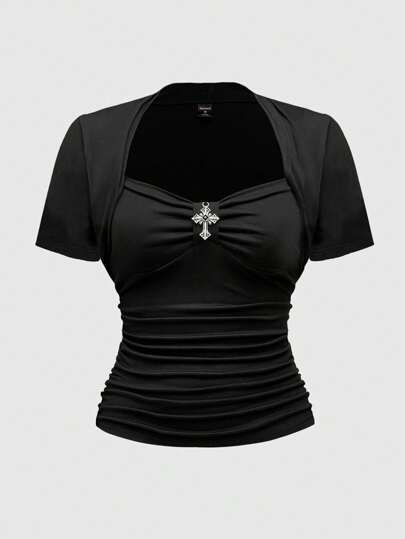 Goth Abito da T-shirt casual da donna taglie forti, con scollo quadrato sexy e scollato, decorazione con pendente a croce, maniche corte elasticizzate, colore nero